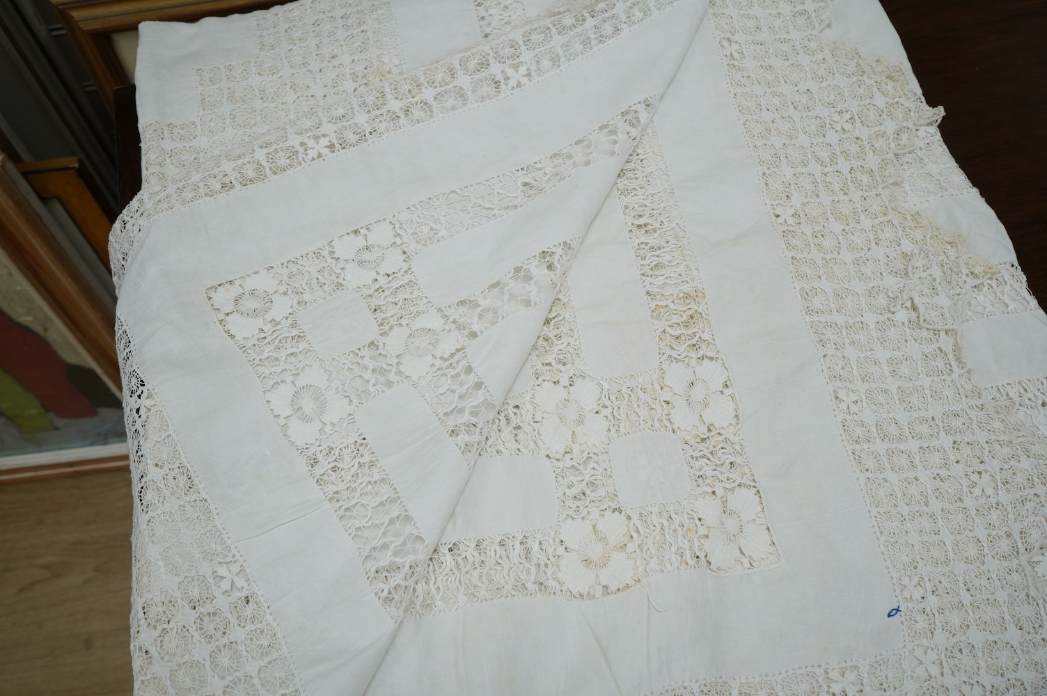 A fine linen drawn thread worked bedspread, 264cm x 220cm. Condition - good